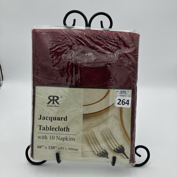 Rama Rose Jacquard Tablecloth W/10 Napkins Elegant Dining 60" x 120” Burgundy - Picture 2 of 4
